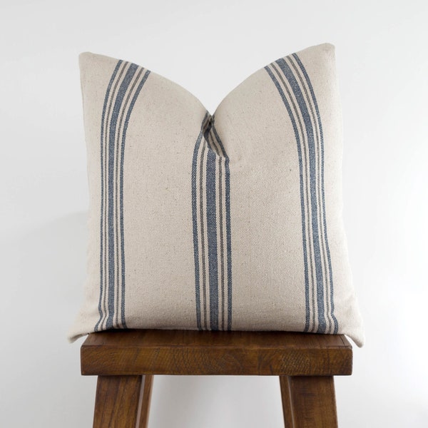 Grain Sack Stripe Throw Pillow Cover - Feed Sack Blue & Gray with Zipper, Modern Farmhouse Country | Choose Size