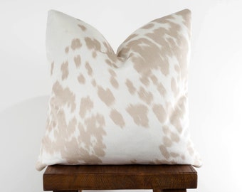 Cowhide Pillow Cover - Faux Cowhide Beige Linen Velvety | Farmhouse Country | Choose Size