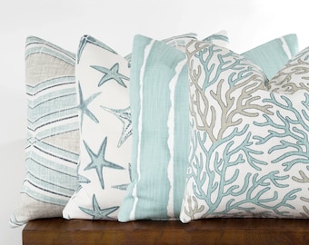 Coastal Pillow Cover, Coral Reef, Starfish, Beach Throw Pillow Covers, Luxe Linen, Nautical Sea Coastal Blue Harbor | Choose Size