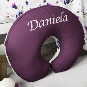 Purple Flowers Nursing Pillow Cover with Name Embroidery, Wildflower Bee Garden, Soft Plushy Velvet, Baby Girl Nursery Gift