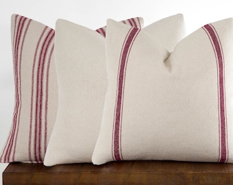 Housse de coussin grainée rouge, coussin Farmhouse à rayures avec fermeture éclair, housses de coussin pour sac à dos | Choisissez la taille