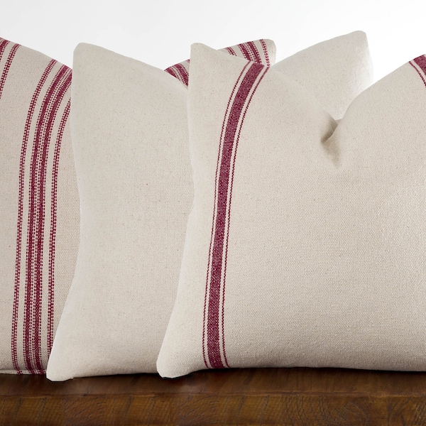 Red Grain Sack Pillow Cover, Farmhouse Ticking Stripe Pillow with Zipper, Throw Pillow Covers Feed Sack | Choose Size