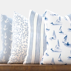 Light Blue Nautical Pillow Covers for Beach House - Sailboats, Stripes, Anchors - Choose Your Size