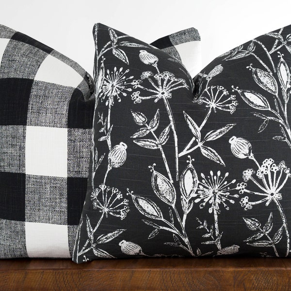 Buffalo Plaid and Floral Throw Pillow Cover with Zipper, Dandelion, Wildflower Botanical Decor, Shabby Chic Pillow | Choose Size