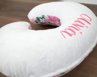 Pink Floral Nursing Pillow Cover with Name Embroidery, Light Pink Roses, Soft Velvety, Baby Girl Nursery Gift