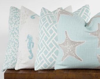 Coastal Pillow Cover -  Blue Haze Nautical Throw Covers with Zipper, Beach, Sea Horse | Choose Size