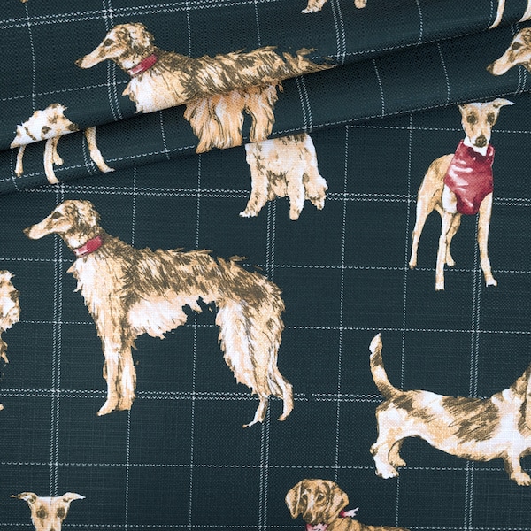 Dog Print Home Decor Upholstery Fabric, Poodle, Dachshund, Basset Hound, Large Plaid, By the Yard