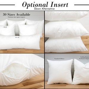 May include: White down alternative pillow inserts in various sizes. The image shows a variety of sizes, including 22x22 inches, 20x20 inches, and 14x36 inches. The text on the image reads "30 Sizes Available" and "Custom sizes upon request".