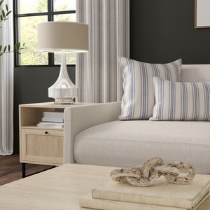 grain sack blue multi stripe pillow and drapery example