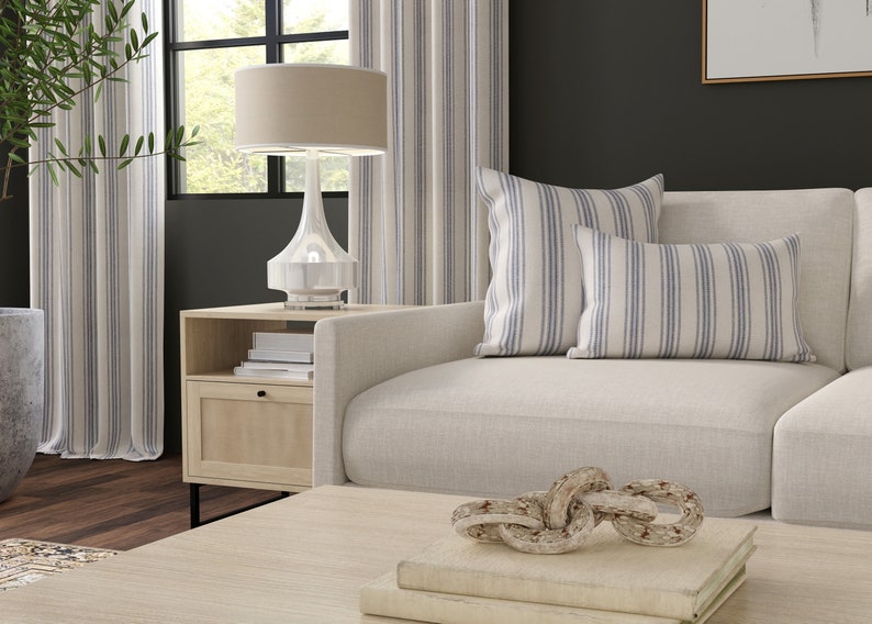 grain sack blue multi stripe pillow and drapery example