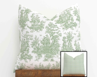 Toile Pillow Cover with Sage Green Gingham | French Vintage Throw Pillow with Zipper | Choose Size