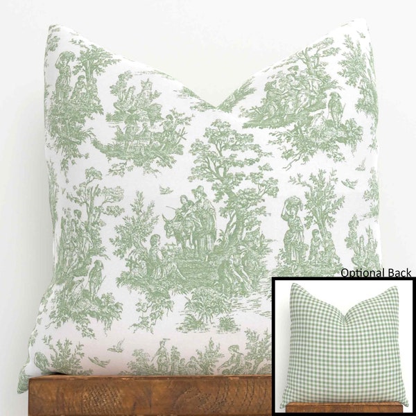 Toile Pillow Cover with Sage Green Gingham | French Vintage Throw Pillow with Zipper | Choose Size