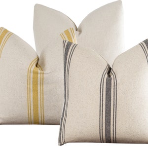 Yellow Grey Grain Sack Pillow Cover - Feed Sack Stripe Ticking, Zippered Throw Pillow Cover, Farmhouse Country Pillow Feedsack | Choose Size