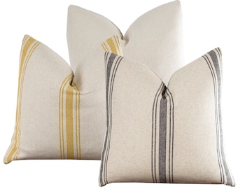 Yellow Grey Grain Sack Pillow Cover - Feed Sack Stripe Ticking, Zippered Throw Pillow Cover, Farmhouse Country Pillow Feedsack | Choose Size