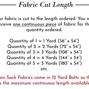 May include: Text graphic titled "Fabric Cut Length" with details on fabric ordering. It states fabric is cut to the ordered length, providing examples: 1 yard (36" x 54"), 2 yards (72" x 54"), up to 5 yards (180" x 54").