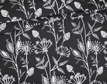 Shabby Chic Floral Fabric, Daman Raven Slub by Premier Prints | Dark Grey, Light Black Botanical Spring Fabric by the Yard