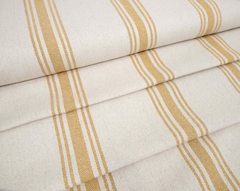 Tissu de sac de grain à rayures en or jaune, Reproduction de sac d'alimentation vintage pour décoration de ferme de campagne française, par mètre