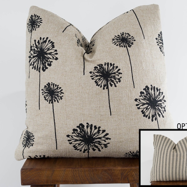 Modern Farmhouse Ticking Pillow Cover Dandelion | Black Natural Denton | Choose Size