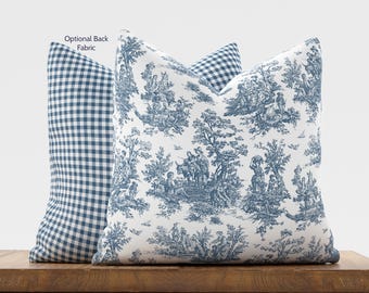 Blue French Country Toile Pillow Cover with Zipper, Gingham  | Choose Size