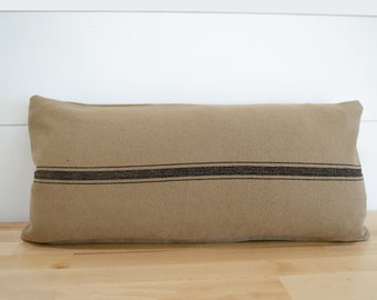 Lumbar Feedsack Pillow Cover Tan with Black Stripe - Grain Sack, Zippered Throw Pillow Cover Feed Sack, Farmhouse Pillow | Choose Size