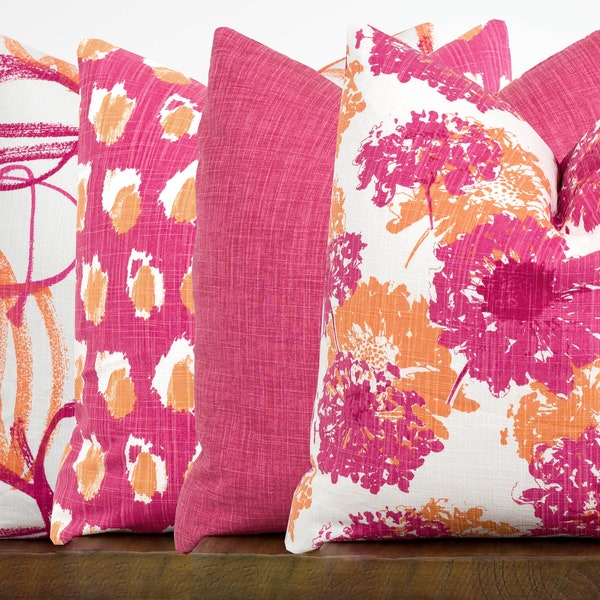 Pink & Orange Pillow Cover with Zipper, Vibrant Colorful Throw Covers, Fuschia, Orange, Floral | Choose Size