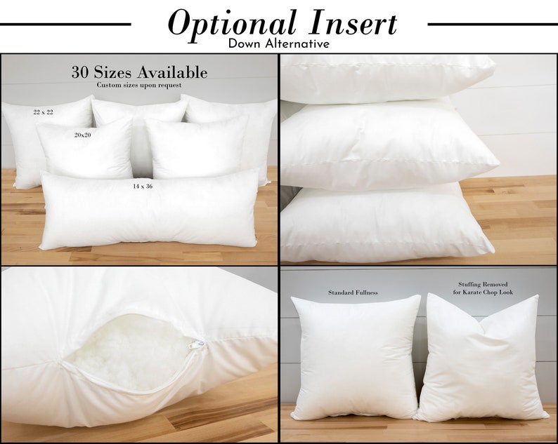 Op de afbeelding: Witte donsalternatieve kusseninhoud in verschillende maten. De afbeelding toont een verscheidenheid aan maten, waaronder 22x22 inch, 20x20 inch en 14x36 inch. De tekst "30 maten beschikbaar" en "Maatwerk op aanvraag" is zichtbaar in de afbeelding. De afbeelding toont ook een close-up van een kusseninhoud met de rits open, waardoor de witte vulling zichtbaar is. De tekst "Standaard vulling" en "Vulling verwijderd voor Karate Chop Look" is zichtbaar in de afbeelding.