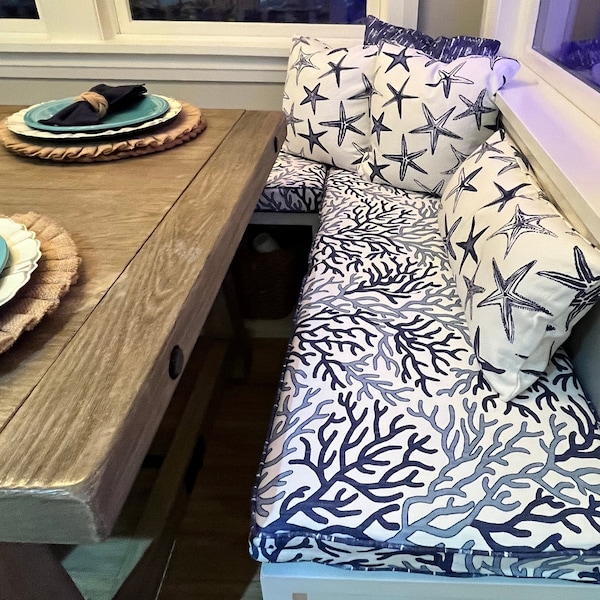 Custom Bench Cushion for Window Seat and Kitchen Nook | Navy Blue Nautical Coral Reef Vista Luxe Linen