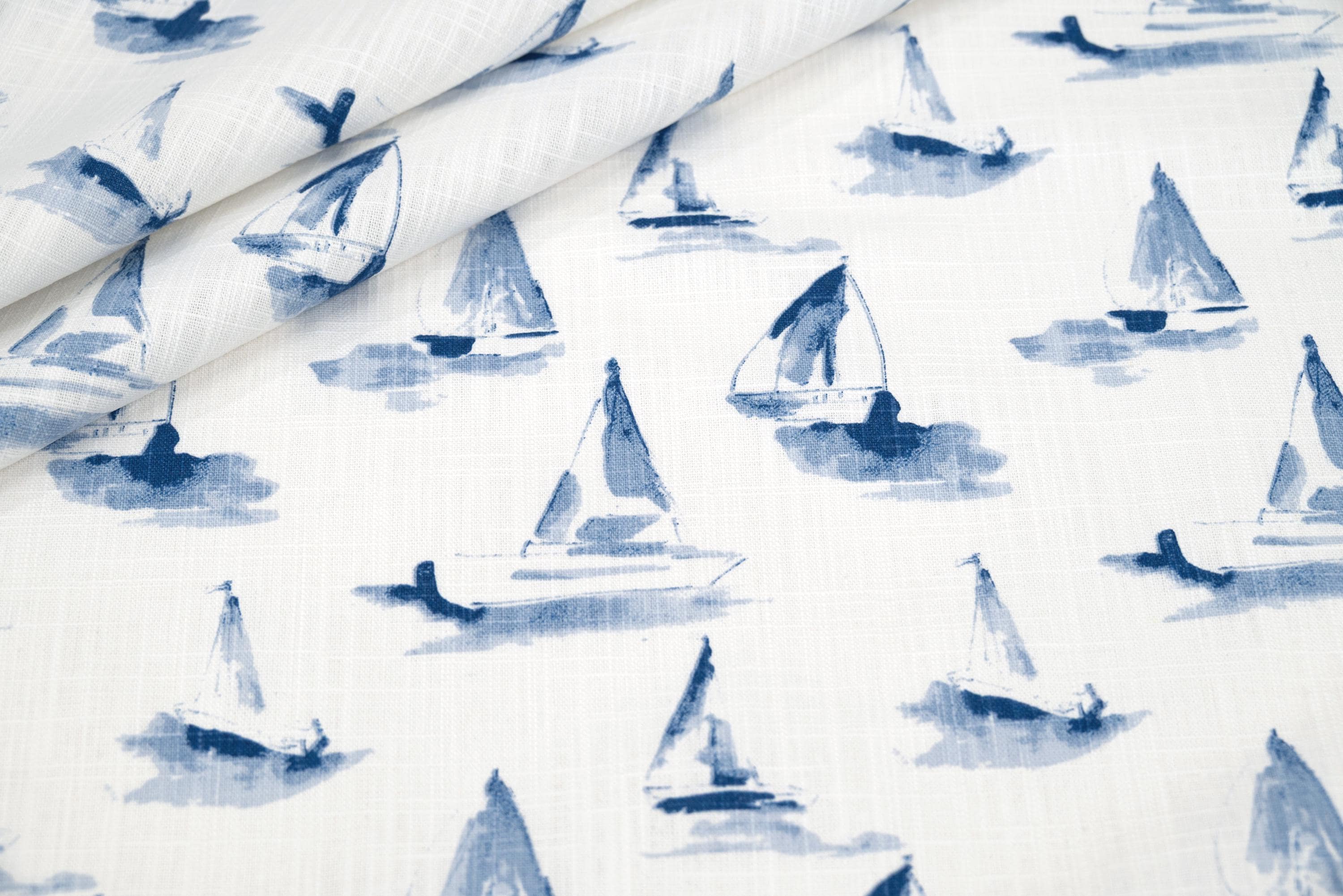 Blue Sailboat Nautical Fabric by the Yard – Sea View Mist Slub Canvas - 100% Cotton - Upholstery, Drapery, Home Decor