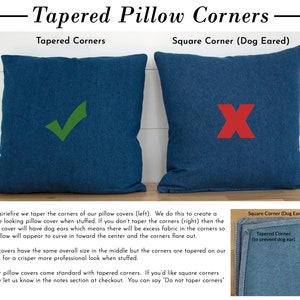 May include: Two denim pillow covers, one with square corners and one with tapered corners. The square corners have a dog ear effect, while the tapered corners prevent this. The image shows a tick next to the tapered corners and a cross next to the square corners.