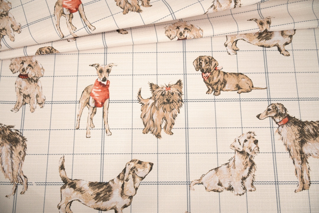 Dog Print Fabric for Home Decor Upholstery, Natural Beige With Red ...