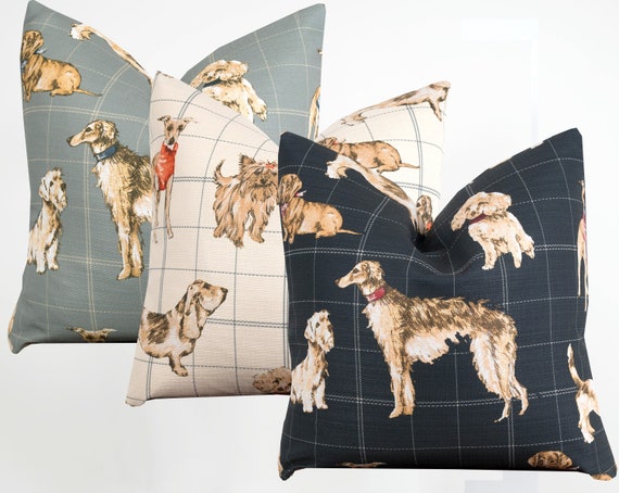 Dog Print Pillow Cover with Zipper, Plaid in Black, Cream, or Spa Blue, Heavyweight Upholstery Fabric  | Choose Size & Color