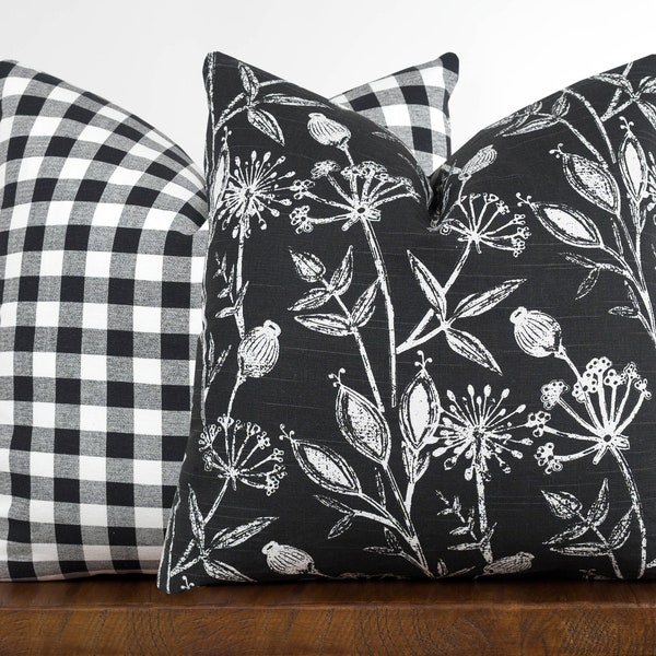 Black & White Floral Accent Pillow Cover with Zipper, Dandelion, Wildflower Botanical Decor, Shabby Chic Throw Pillow | Choose Size