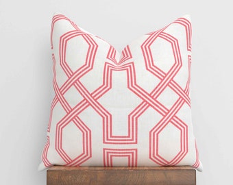 Fretwork Pillow Cover with Zipper | Coral Coastal Beach House Pillow | Choose Size