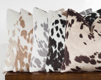 Cowhide Pillow Covers - Faux Cowhide Domino Black, Beige Linen, Palomino, Gray, Brown | Farmhouse Country | Choose Size & Color