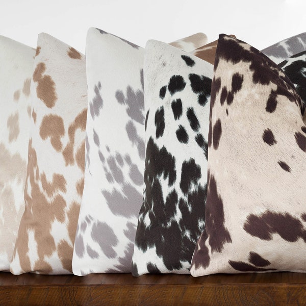 Cowhide Pillow Covers - Faux Cowhide Domino Black, Beige Linen, Palomino, Gray, Brown | Farmhouse Country | Choose Size & Color