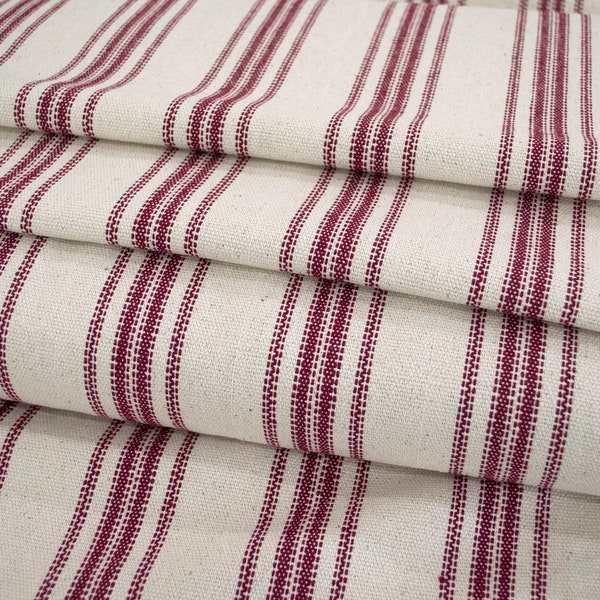 Red Ticking Grain Sack Fabric, Reproduction Feedsack Stripes, Vintage Burgundy Farm house Fabric By the yard