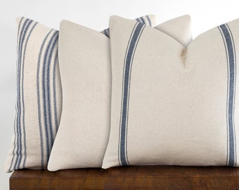 Blue Grain Sack Pillow Cover - Feed Sack Stripe Ticking, Zippered Throw Pillow Cover, Modern Farmhouse Country Pillow Feedsack | Choose Size