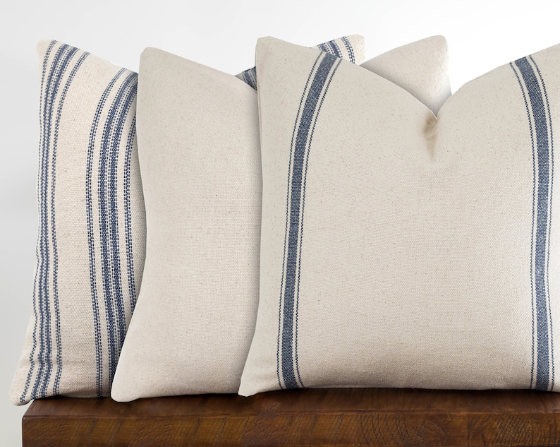 Blue Grain Sack Pillow Cover Feed Sack Stripe Ticking, Zippered Throw Pillow Cover, Modern Farmhouse Country Pillow Feedsack Choose Size image 1