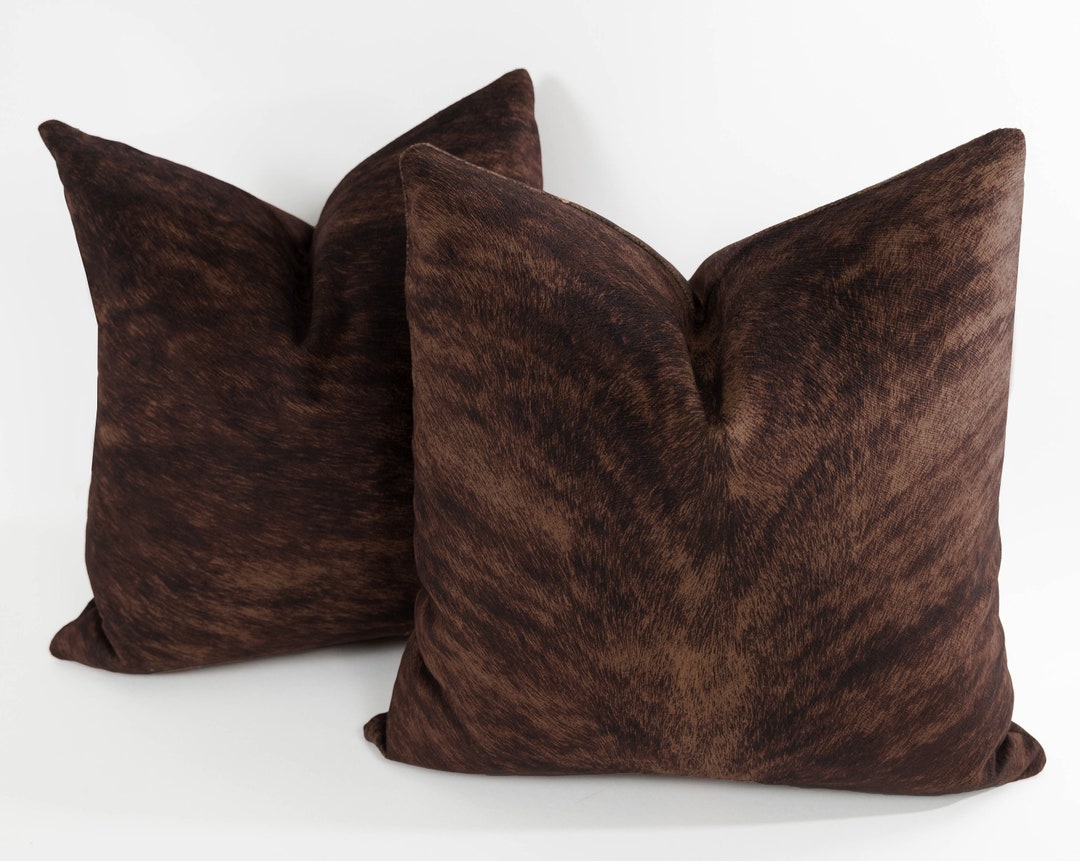 Dark Brown Faux Cowhide Throw Pillow Cover Brindle Cow Print Vegan Hide