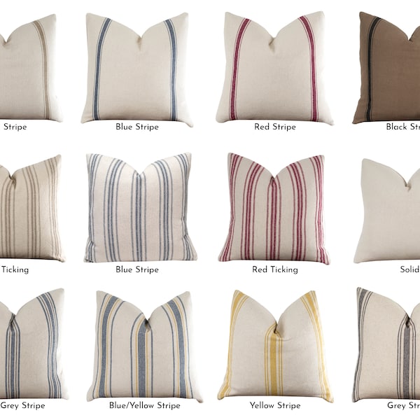 Grain Sack Pillow Cover with your Choice of Stripe Color, Farmhouse French Country Ticking Throw Covers with Zipper | Choose Size