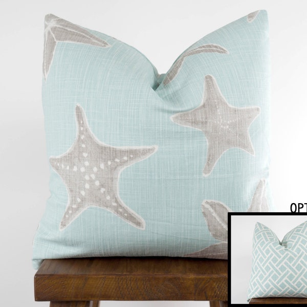 Starfish Decor Pillow Cover, Coastal Beach Throw Pillow with Light Blue and Grey | Choose Size