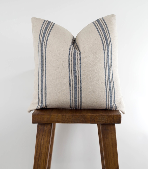 Grain Sack Stripe Throw Pillow Cover - Feed Sack Blue & Gray with Zipper, Modern Farmhouse Country | Choose Size