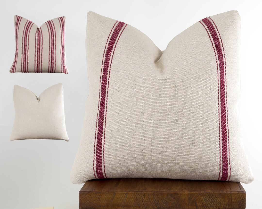 Red Feed Sack Pillow Cover With Zipper Grain Sack Stripe Etsy