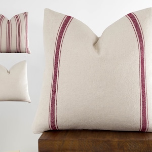 Red Feed Sack Pillow Cover with Zipper, Grain Sack Stripe Throw Covers for Farmhouse Style | Choose Size