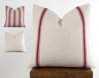 Red Feed Sack Pillow Cover with Zipper, Grain Sack Stripe Throw Covers for Farmhouse Style | Choose Size
