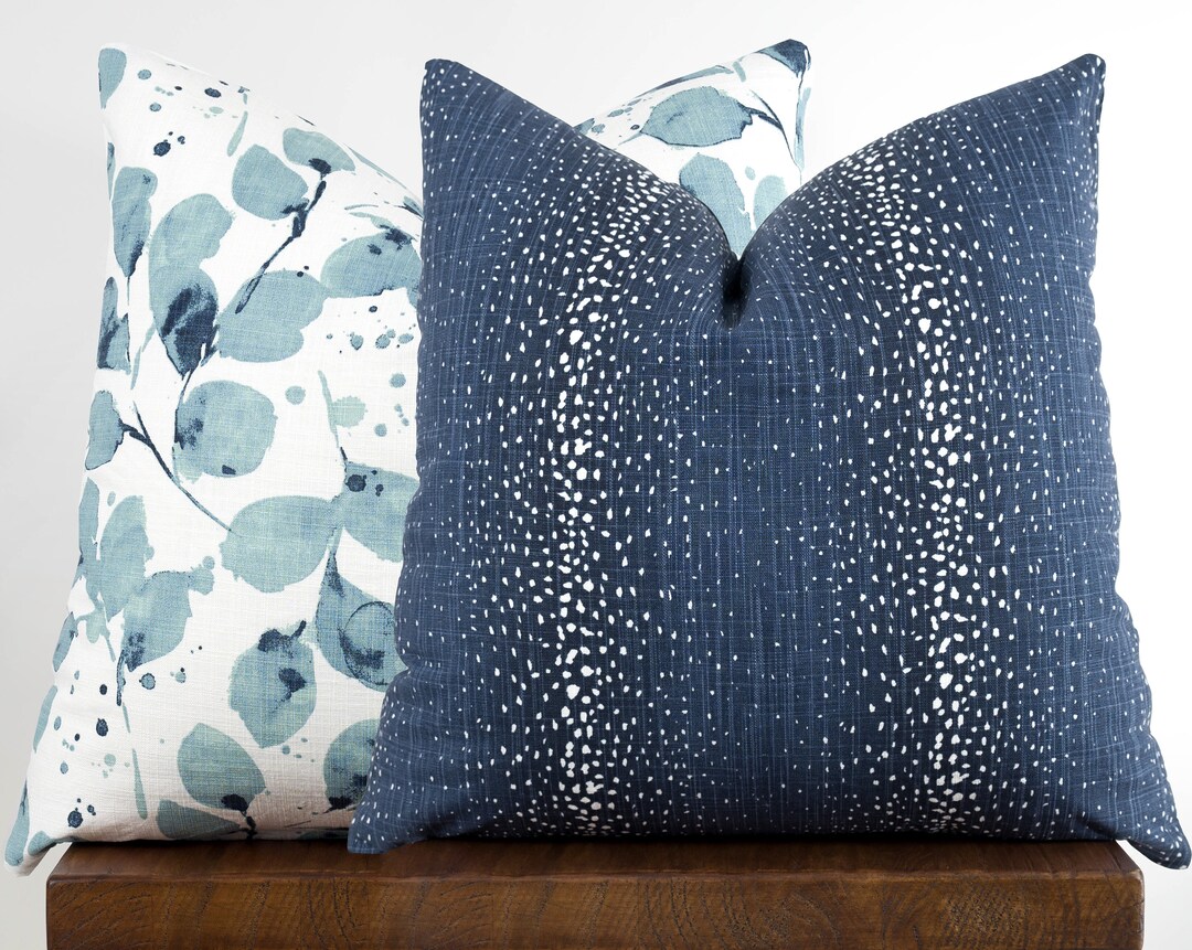 Modern Blue Pillow Cover With Zipper, Antelope Animal Print, Botanical Leaf Throw Pillow Choose