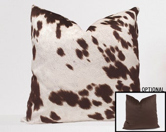 Country Western Pillow Cover Faux Cowhide, Soft Micro Velvet Brown Cowhide Throw Pillow, Square, Lumbar, Choose Size