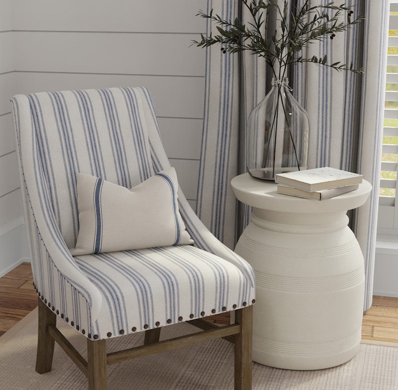 grain sack blue multi stripe chair upholstery