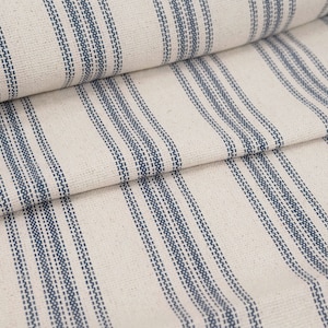 Blue Ticking Stripe Grain Sack Fabric, Vintage Reproduction Feedsack for Farmhouse French Country Decor, By the yard