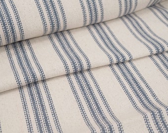 Blue Ticking Stripe Grain Sack Fabric, Vintage Reproduction Feedsack for Farmhouse French Country Decor, By the yard